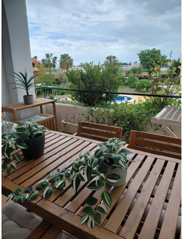 Vista desde la terraza hacia el jardín y la piscina del conjunto