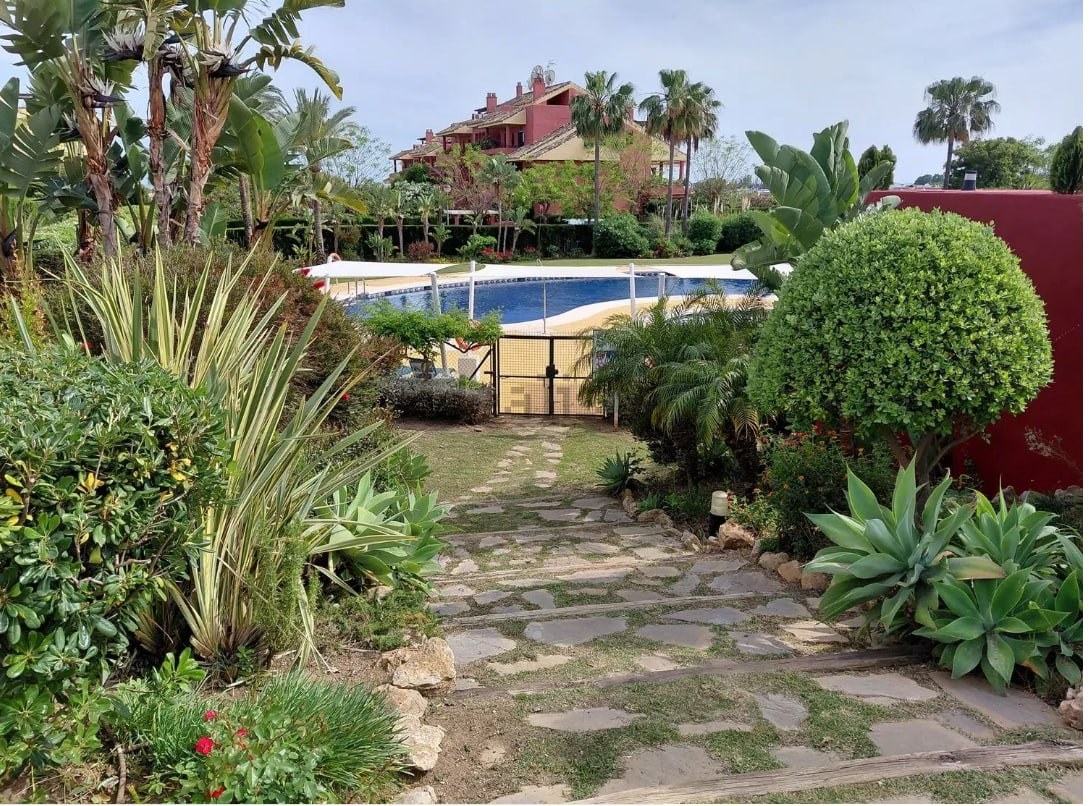 Camino empedrado hacia la piscina comunitaria con palmeras y vegetación tropical a los lados